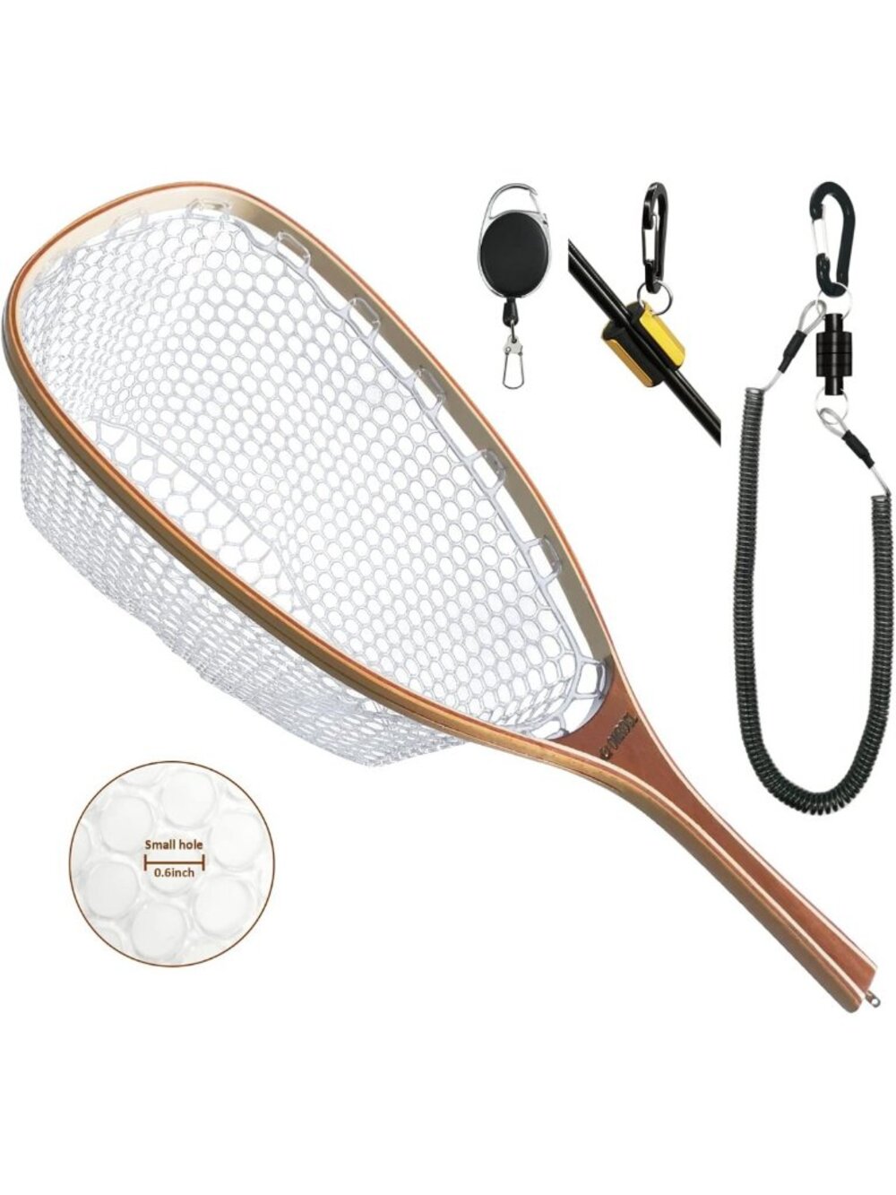 Fly Fishing Net with Magnetic Release & Rod Holder - Wooden Frame, Soft Rubber
